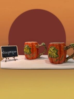 Harvest Pumpkin Mugs Set of 2 with Leaf Accent